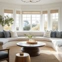 Cape cod decorating style for a living room with a bay window