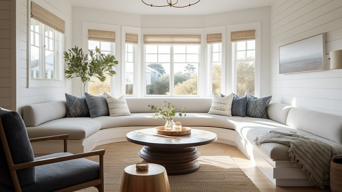 Cape cod decorating style for a living room with a bay window