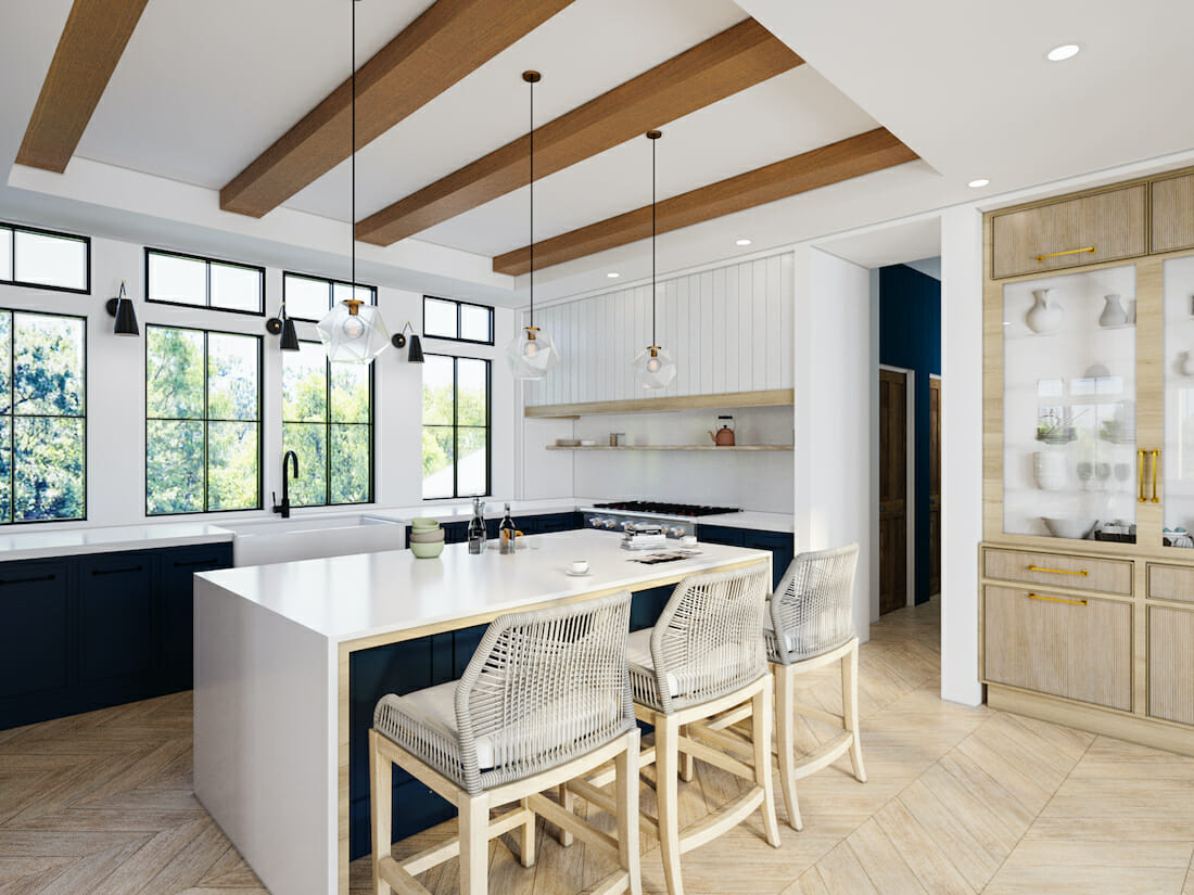 Dark kitchen cabinet ideas balanced with color by Decorilla designer, Sonia C.