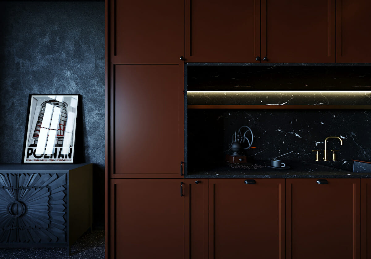 Dark kitchen cabinets with a dramatic backsplash by Decorilla designer Kristina B.