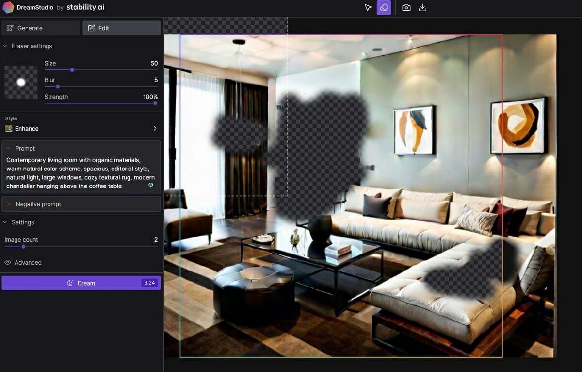 DreamStudio AI interior design editing