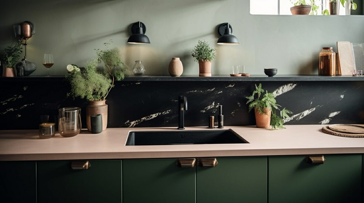 green and pink earth tones kitchen