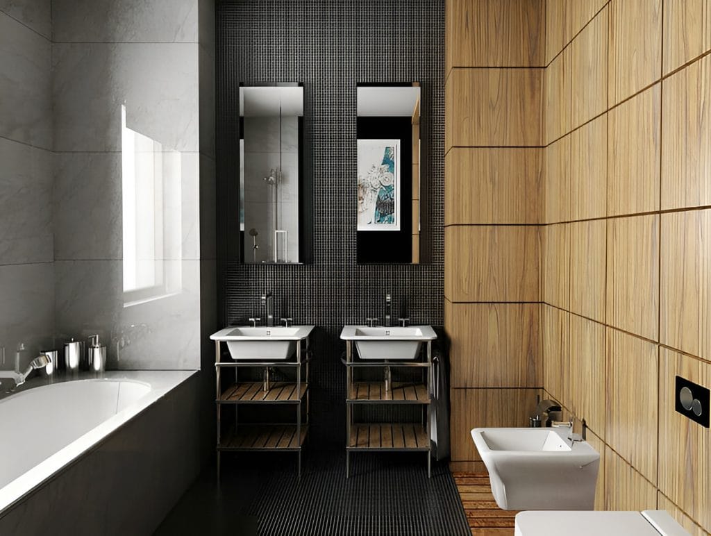 Earth toned bathroom by Decorilla designer, Alicja S.