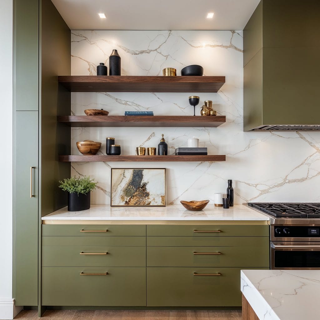 Elaborate accent wall moment in a green kitchen by Decorilla