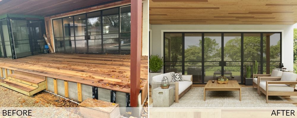 Indoor outdoor living room before (left) and after (right) patio design by Decorilla