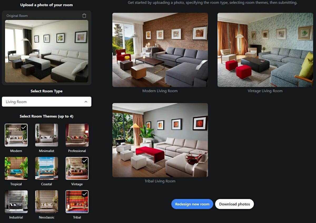 Interior design AI app example on RoomGPT