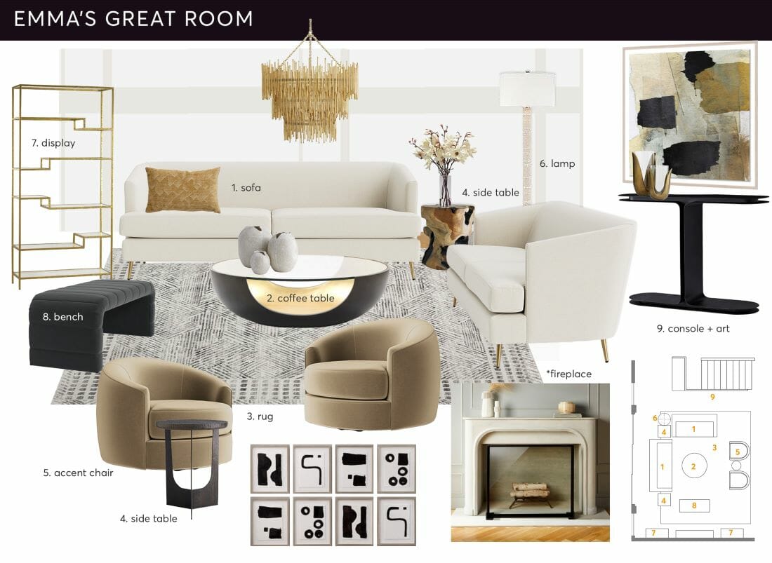 Luxury living room transformation moodboard by Decorilla