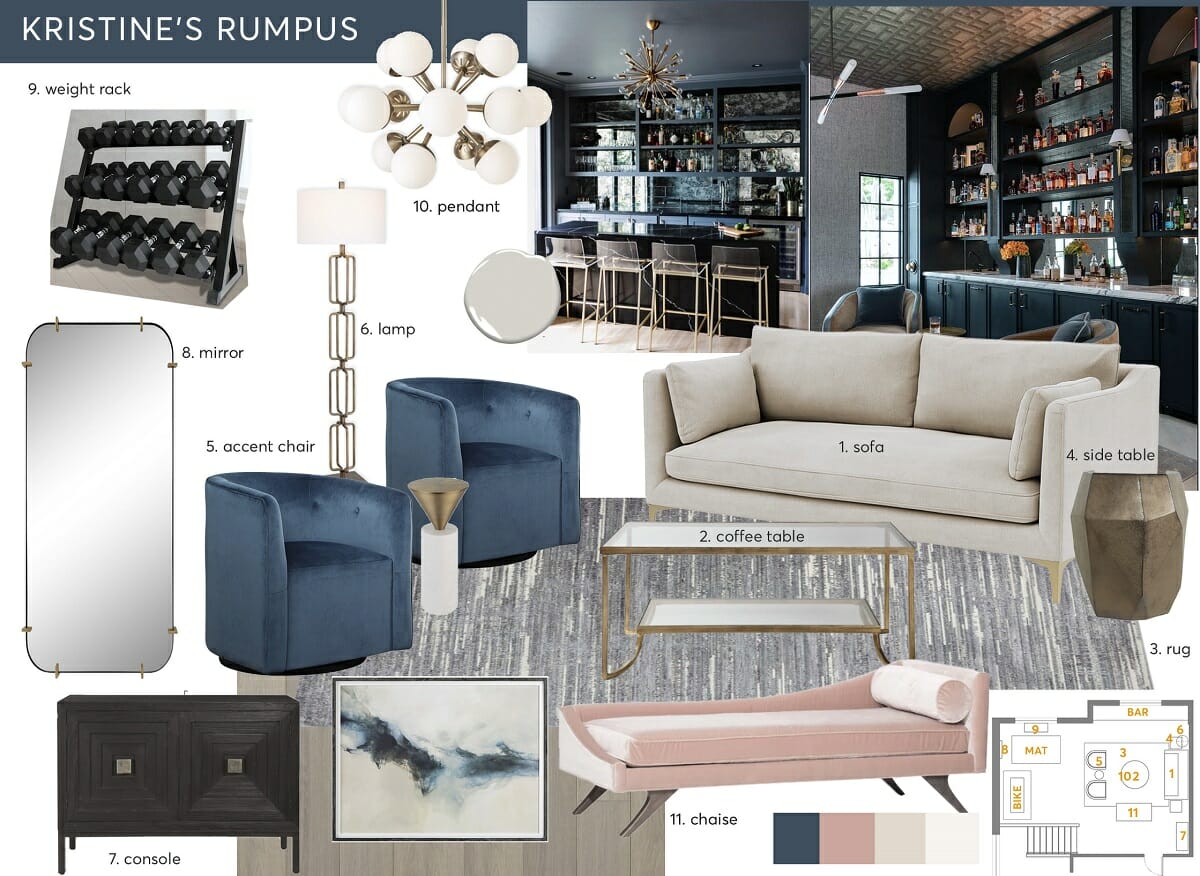 Mood board for a guest rumpus room design and guest quarters