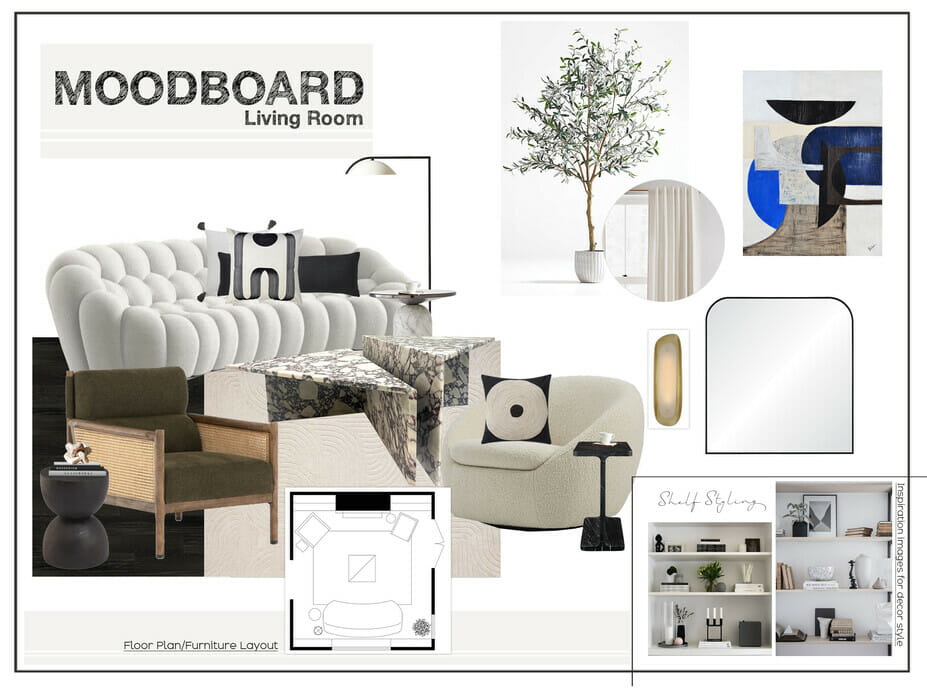 Moodboard for an AI room design by online interior design company Decorilla