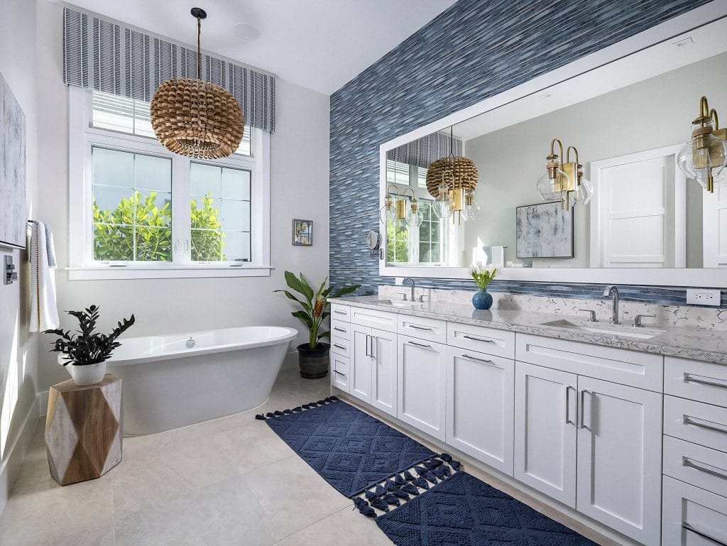 Mosaic tiles accent wall in the coastal bathroom by Decorilla designer, Berkeley H.