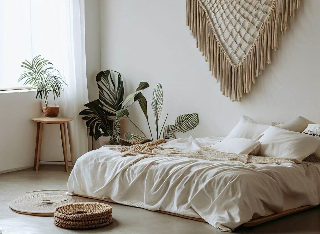 Neutral modern bohemian bedroom decor