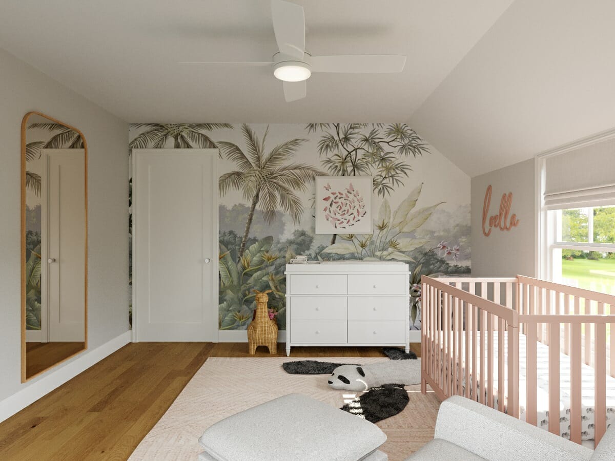 Nursery accent wall with a tropical motif by Drew F