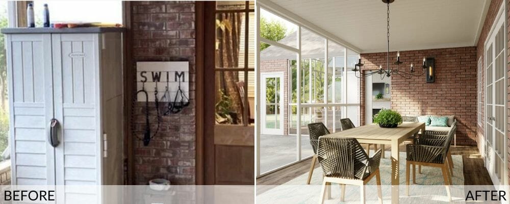 Screened porch before (left) and after (right) design by Decorilla