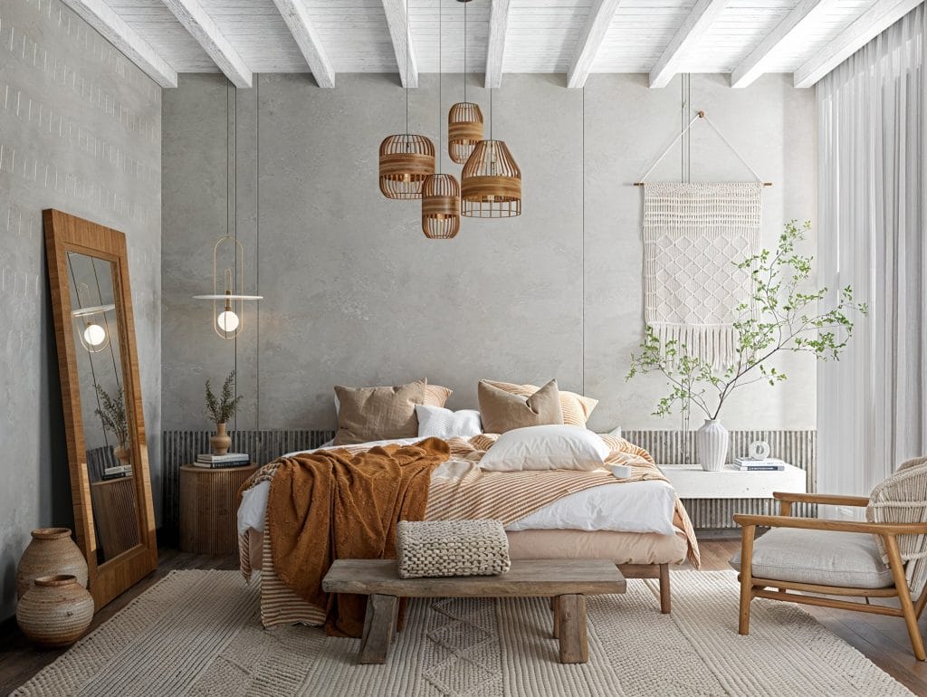 Texture galore in a modern bohemian bedroom by Decorilla designer, Nourhan M.