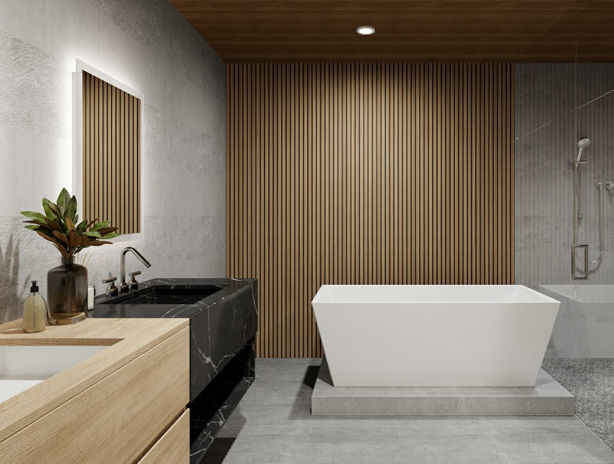 Zen bathroom with wood accent wall ideas by Courtney B