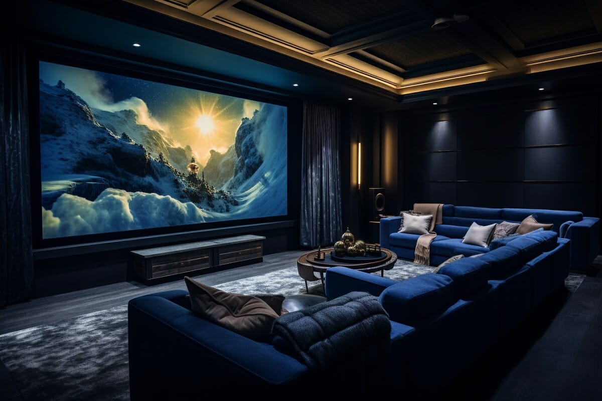Big home theater ideas in navy blue and designer lighting
