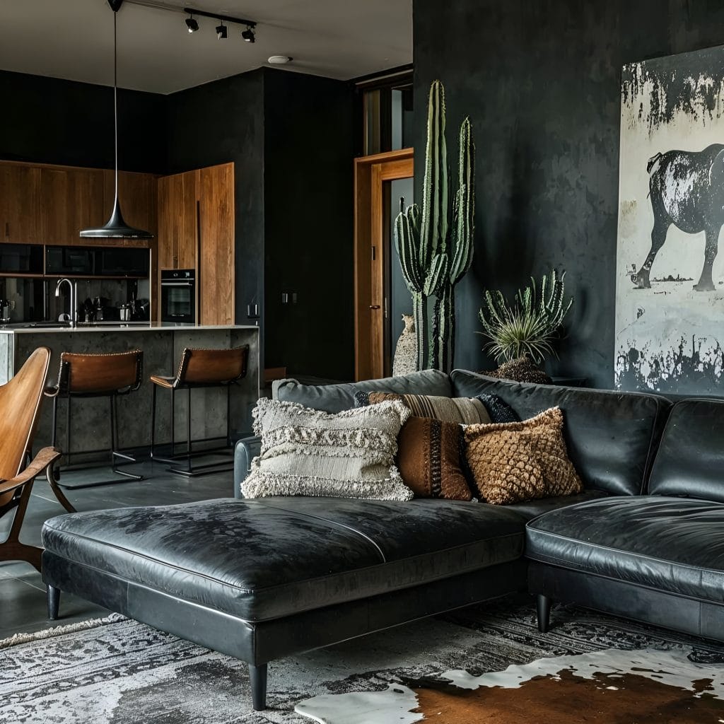 Charcoal walls in a living room by Decorilla