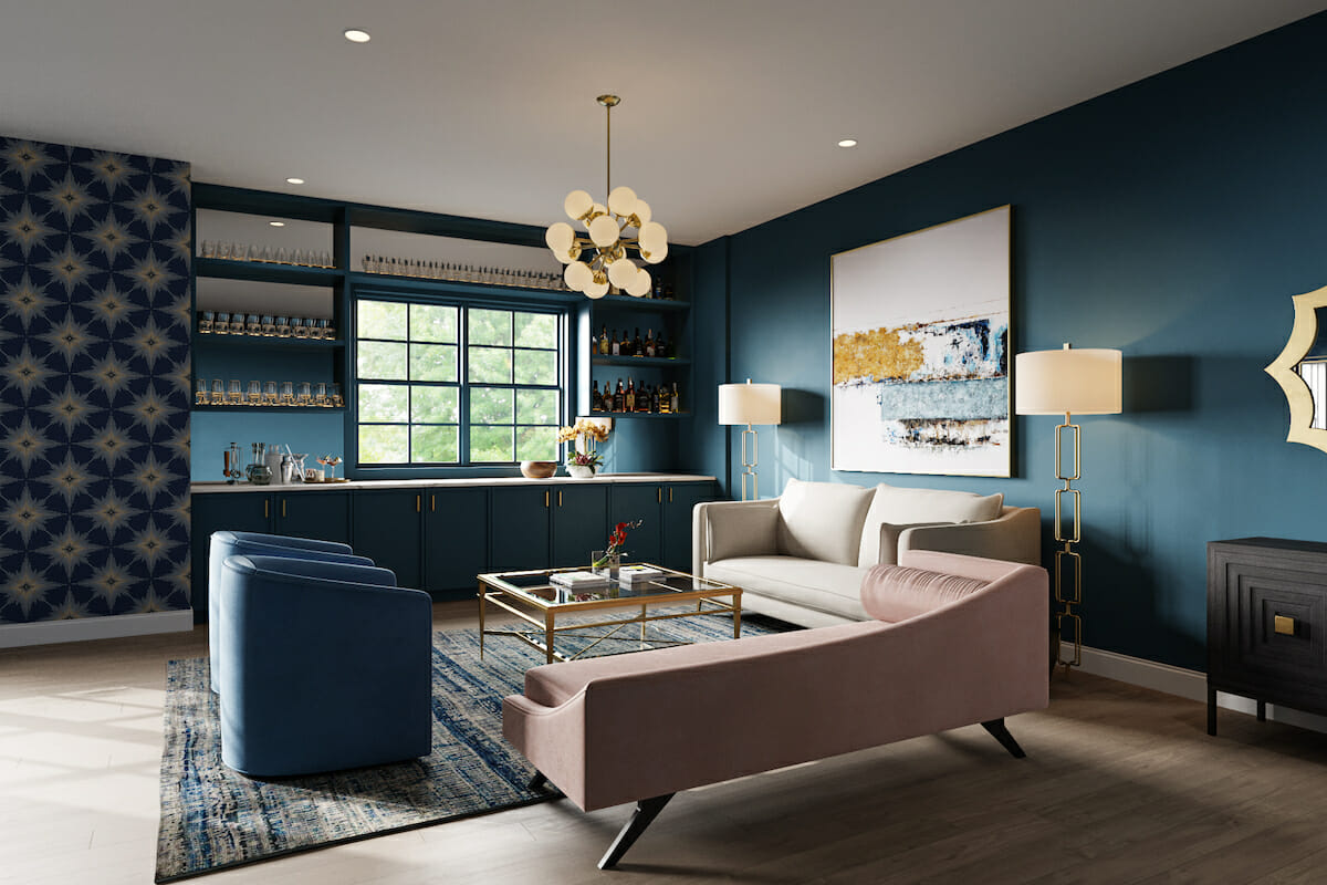 Deep teal makes for one of the best living room colors by Decorilla designer, Jessica S.