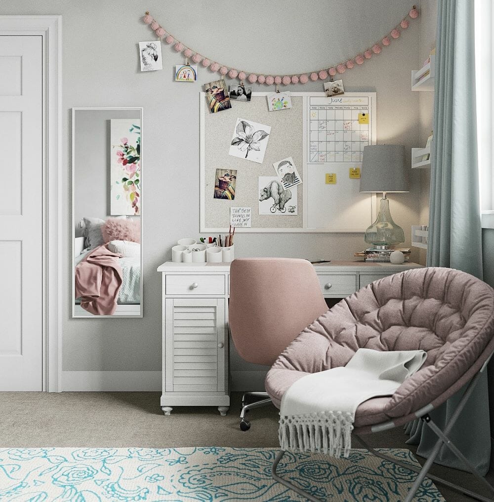 Dusty pink and pastel blue bedroom ideas by Decorilla