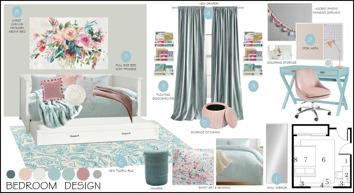 Floral pastel bedroom interior design moodboard by Decorilla