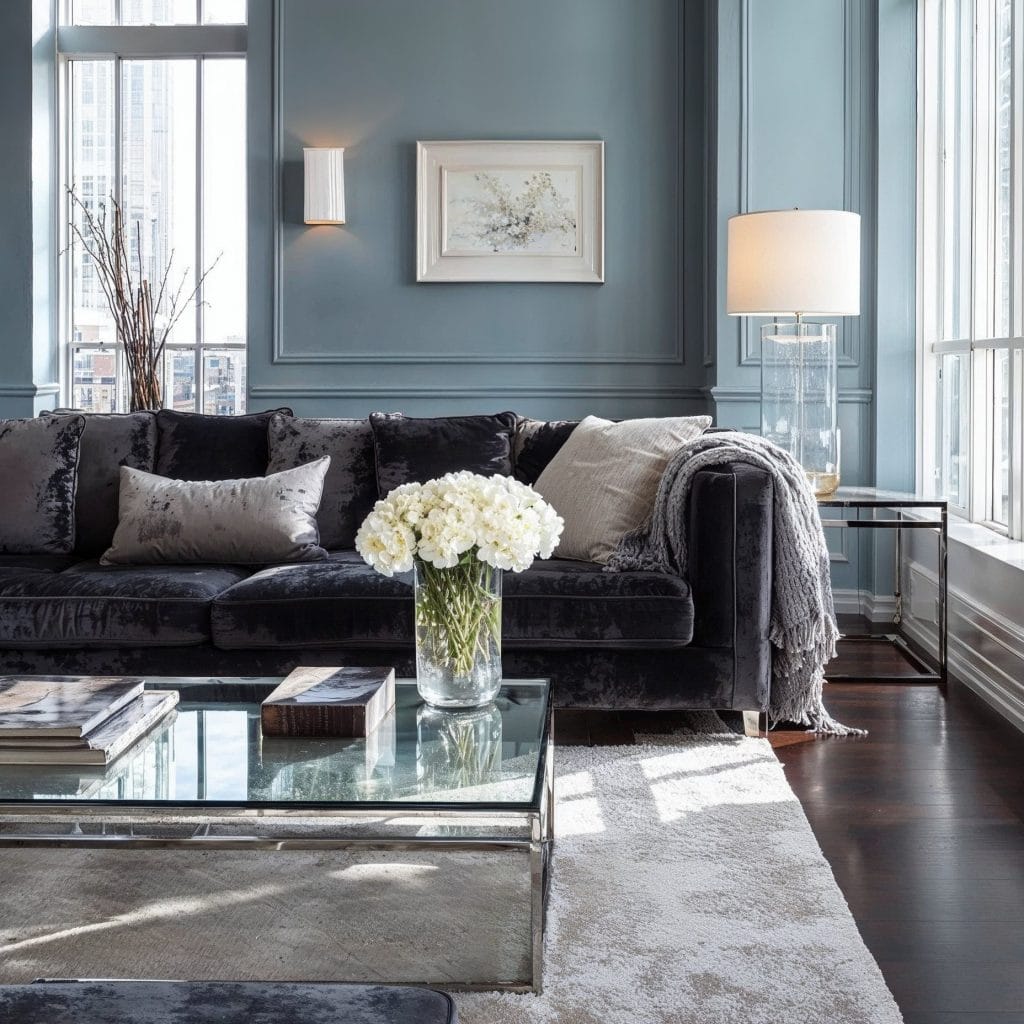 Gentle blue paint color in a living room by Decorilla