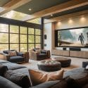 Home theater ideas with a detailed ceiling and big screen