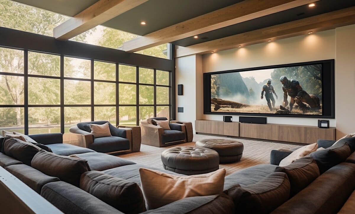 Home theater ideas with a detailed ceiling and big screen
