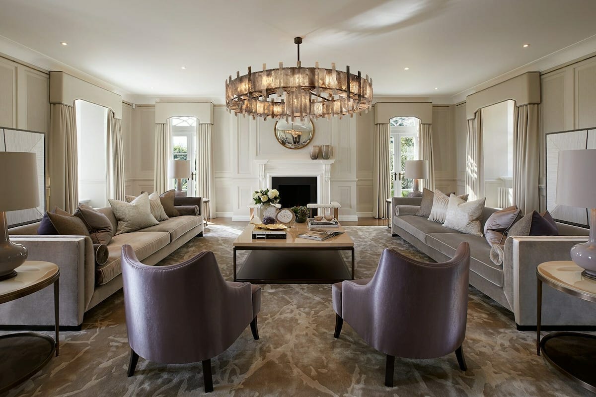A living room layout around a fireplace by Decorilla designer Ilaria C. 