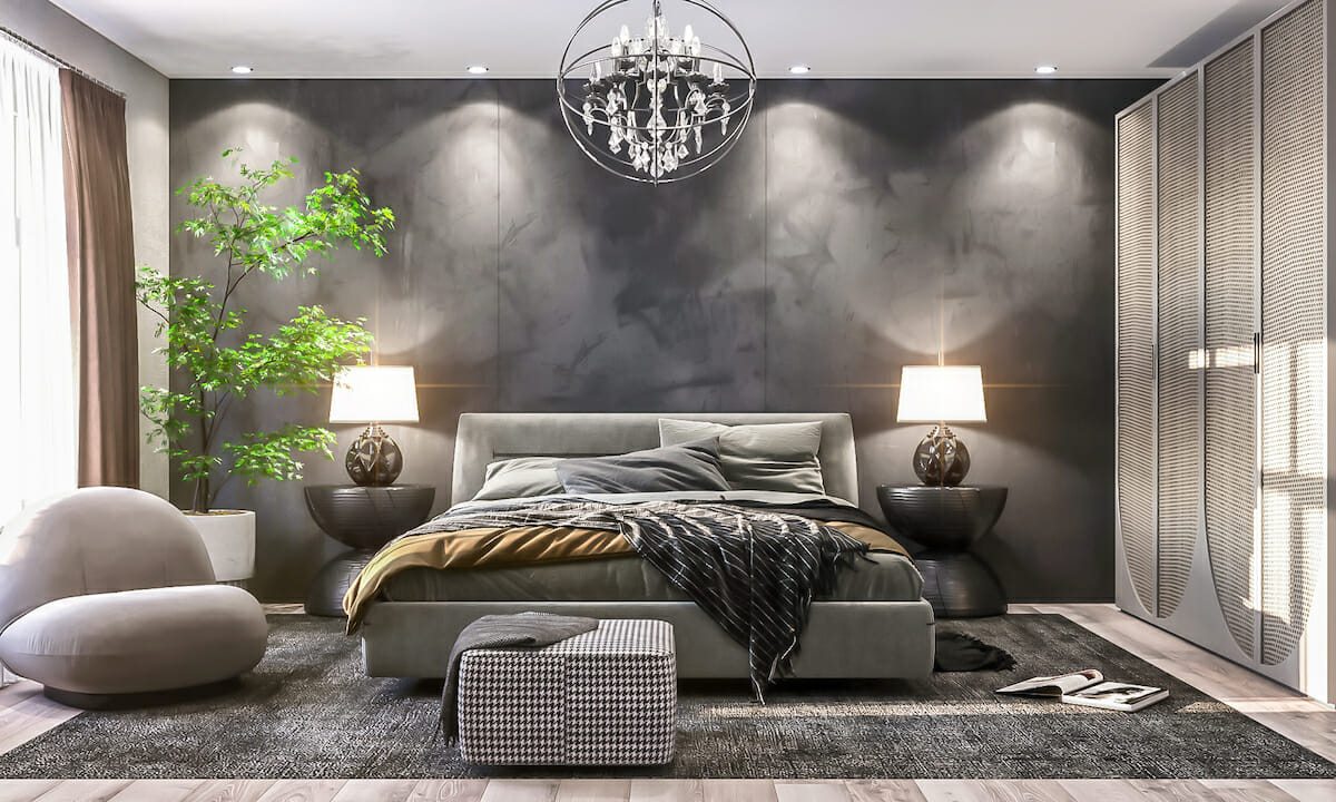 Masculine bedroom with curved nightstands by Decorilla designer, Raneem K.