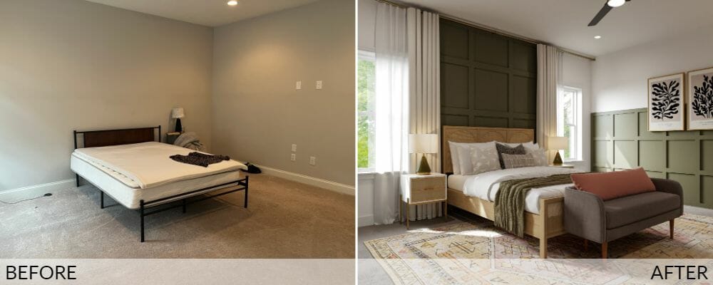 Mid-century eclectic bedroom before (left) and after (right) interior design by Decorilla