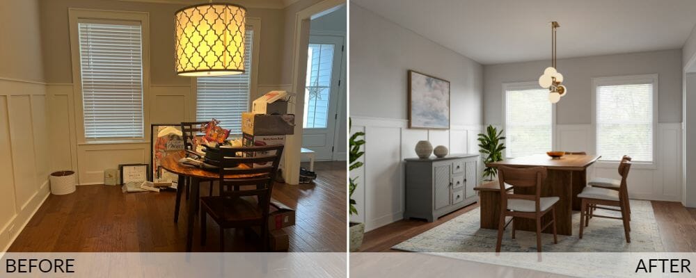 Modern dining room before (left) and after (right) interior design by Decorilla