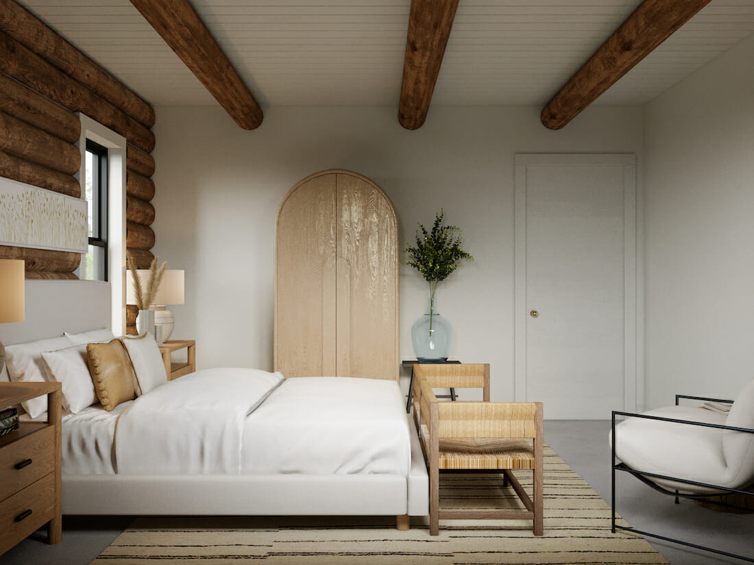 Modern rustic bedroom with a curved armoire by Decorilla designer, Drew F.