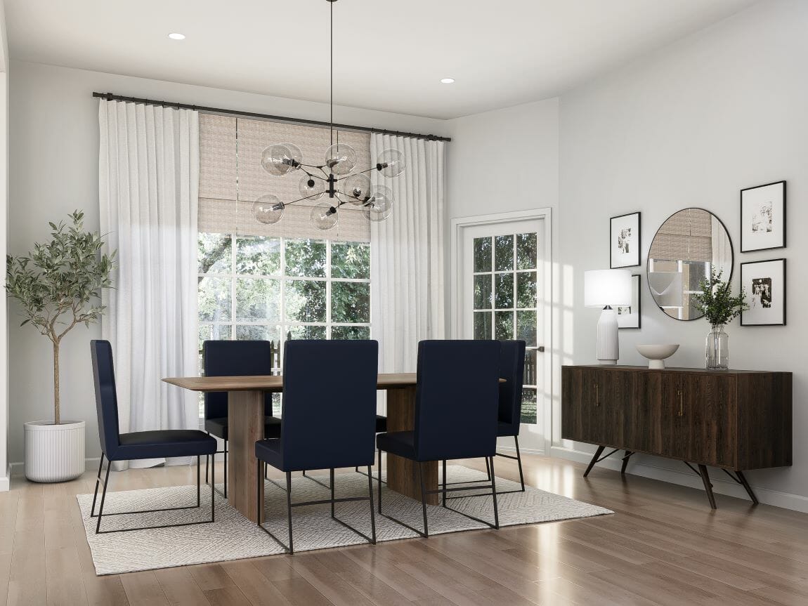 Navy and white dining room design by Decorilla