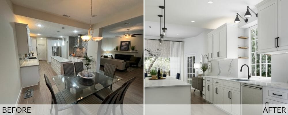 Navy blue and white interior design by Decorilla before (left) and after (right)