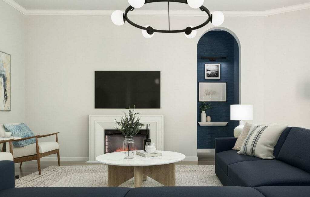 Before & After: Navy Blue and White Living Room, Dining, and Kitchen ...