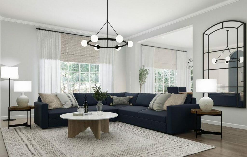 Before & After Navy Blue and White Living Room, Dining, and Kitchen