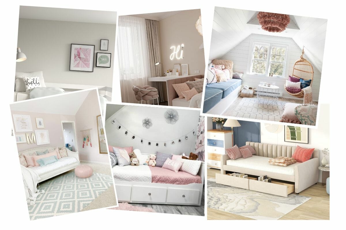 Bedroom inspiration board in pastel white, blue and pink