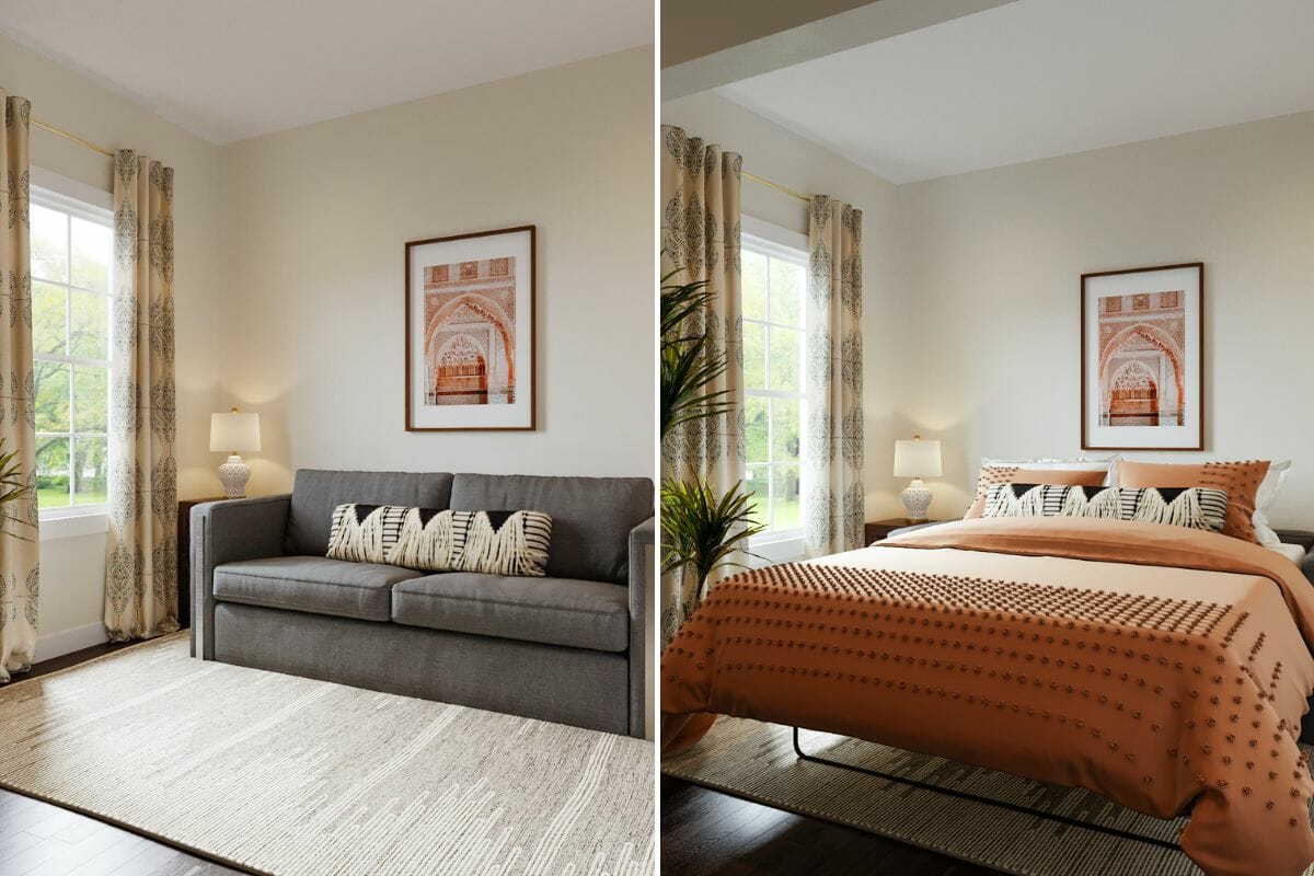Sleeper sofa for a small living room by Decorilla designer, Casey H.