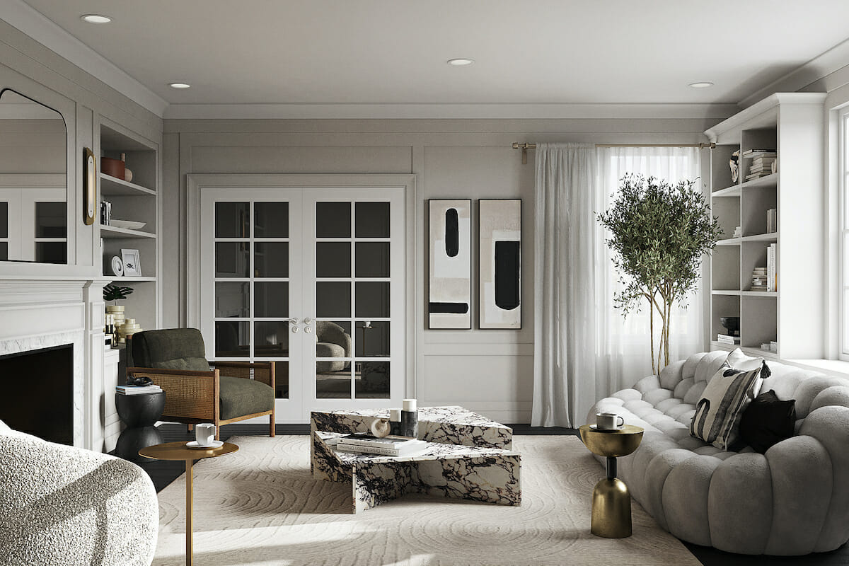 Soothing grey among the most popular living room colors - design by Decorilla designer, Selma A.