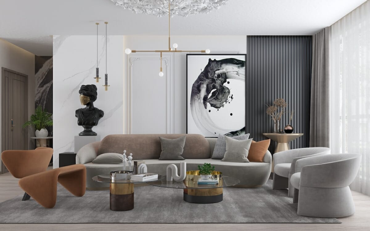 Statement curved furniture in a high-end living room by Decorilla designer, Nourhan M.