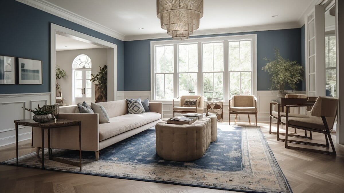 Tranquil blue is an ideal color for a living room