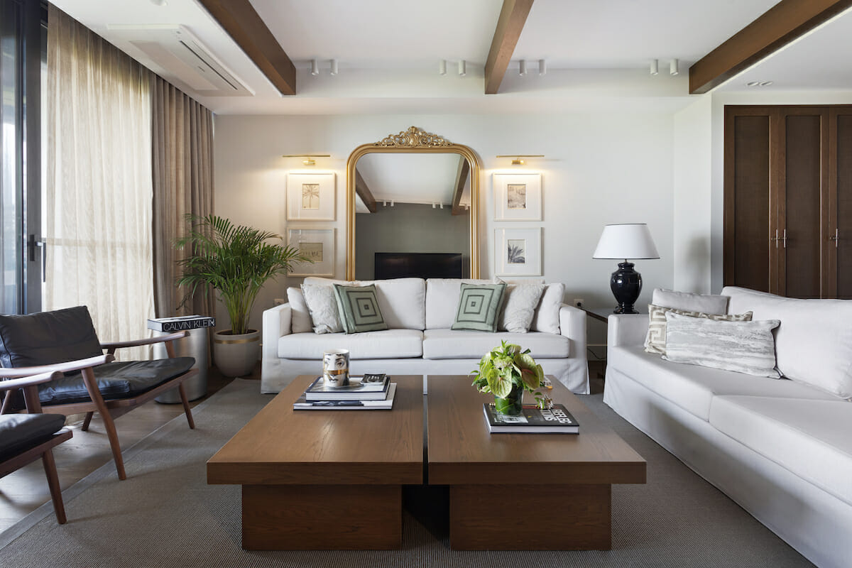 Sofa living room in transition white by Decorilla designer Meric S.