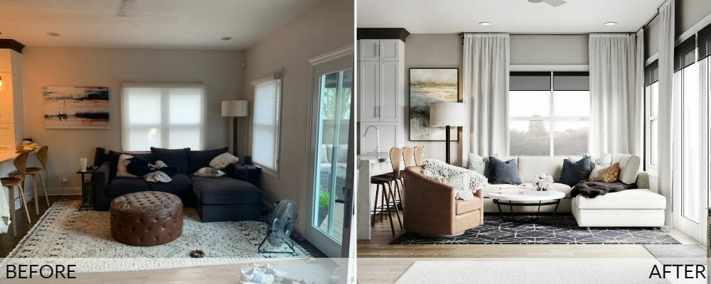 Warm Nordic-style living room before (left) and after (right), design by Decorilla