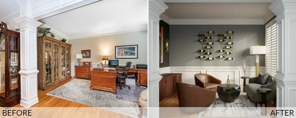 Warm neutral interior design by Decorilla, before (left) and after (right)