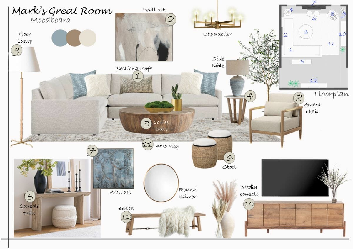 Warm neutral interior design moodboard by Decorilla