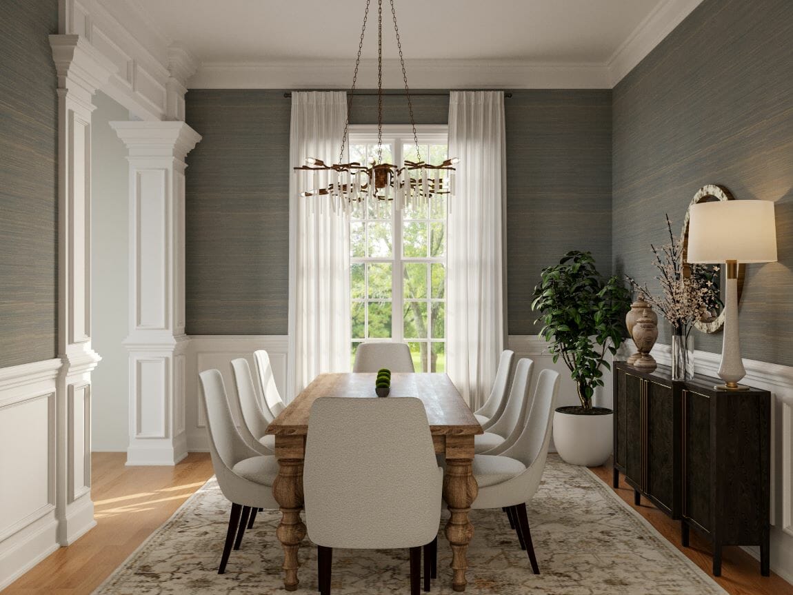 Warm, neutral paint colors for the living room and dining room, designed by Decorilla