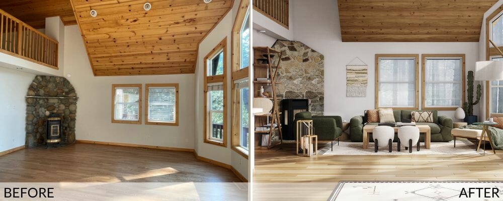A-frame interior before (left) and after (right) design by Decorilla