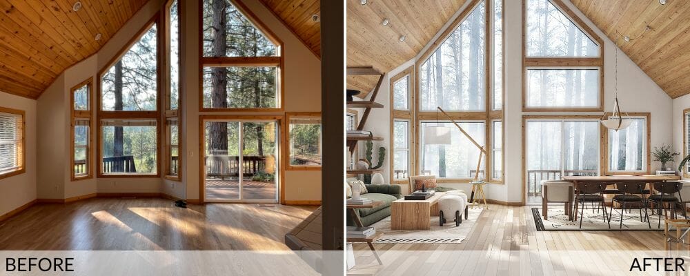 A-frame interior design in Japandi style by Decorilla, before (left) and after (right)