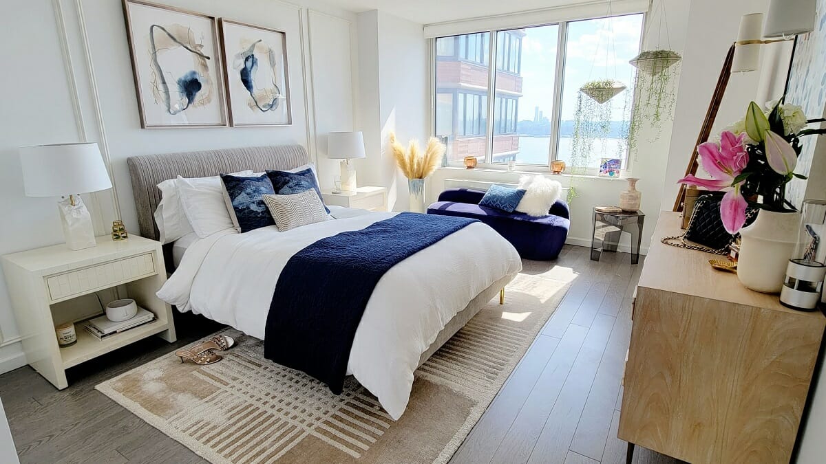 Bedroom with window bench ideas in a blue and white color scheme