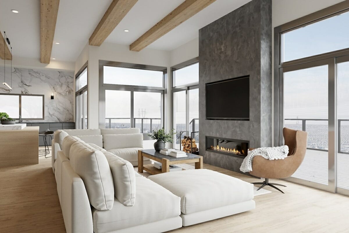 Cozy minimalist living room design centered around a slate fireplace